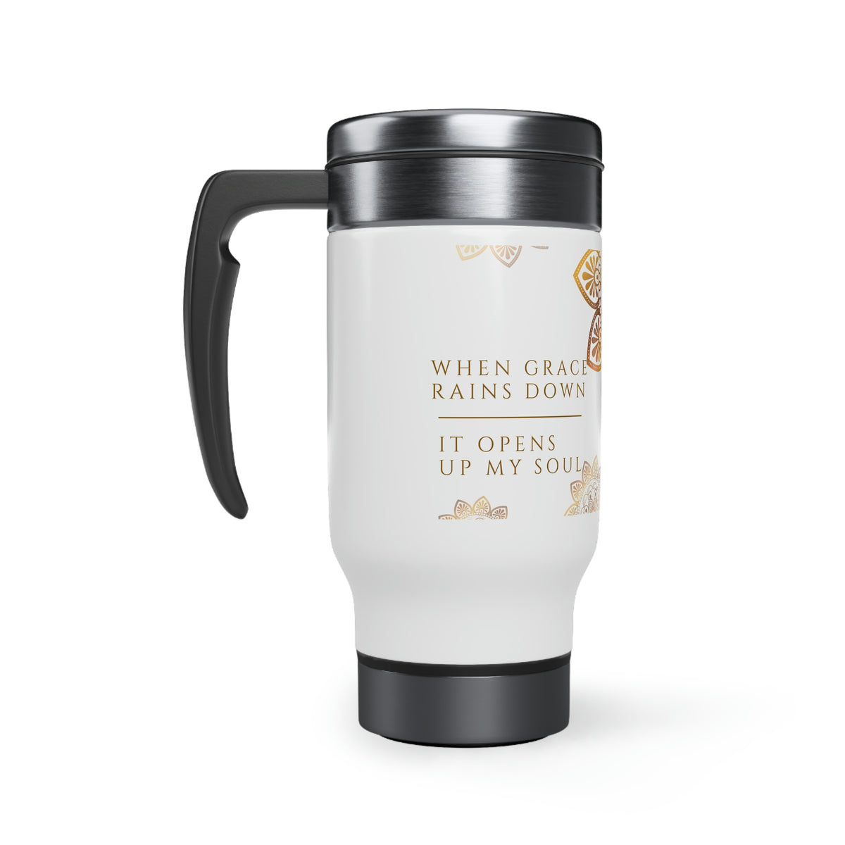 When Grace Rains - Mandala - Gold & White Stainless Steel Travel Mug with Handle, 14oz