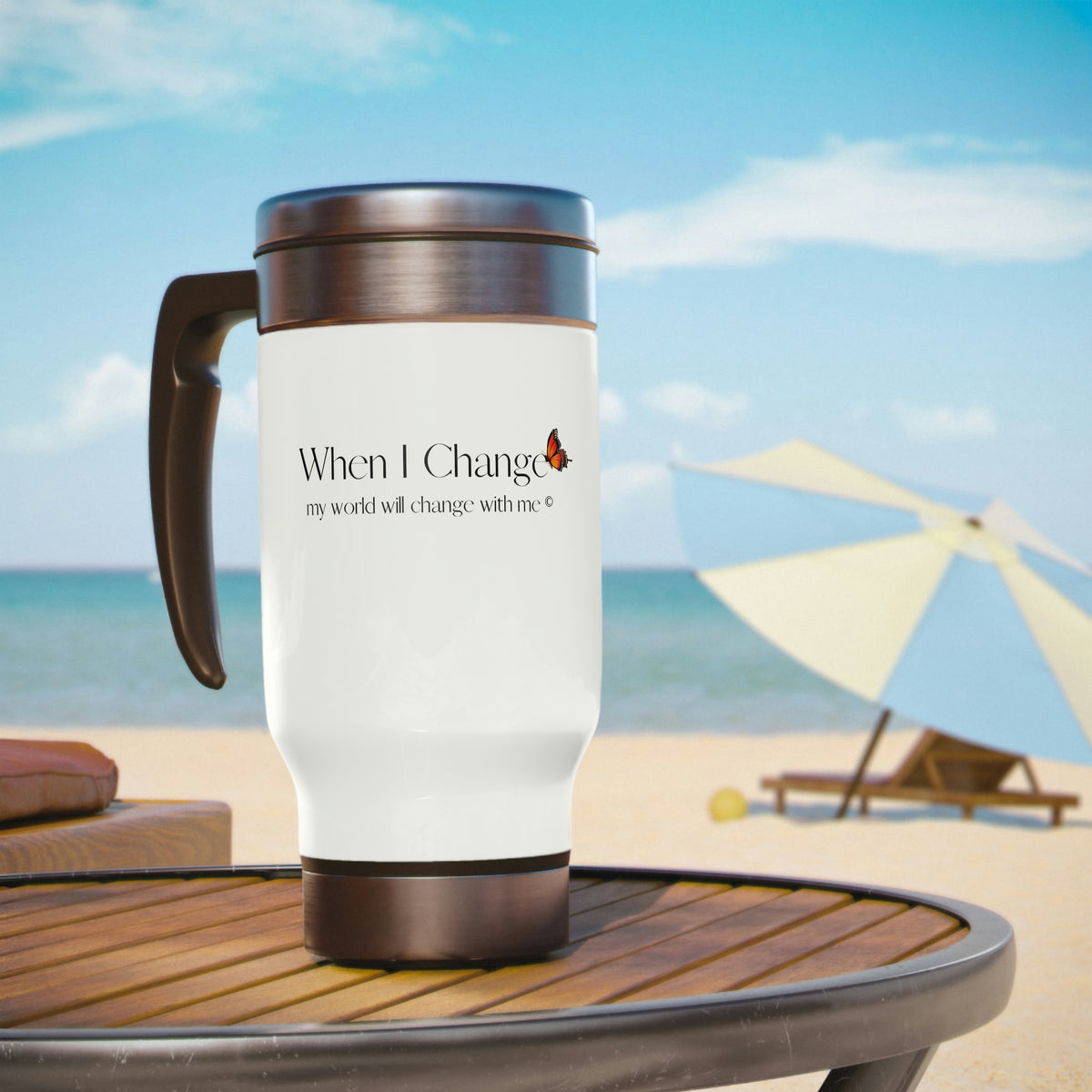When I Change - Butterfly - White Stainless Steel Travel Mug with Handle, 14oz