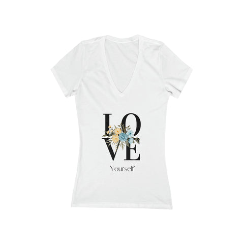 Women's Jersey Short Sleeve Deep V-Neck Tee - Love Yourself Love Others