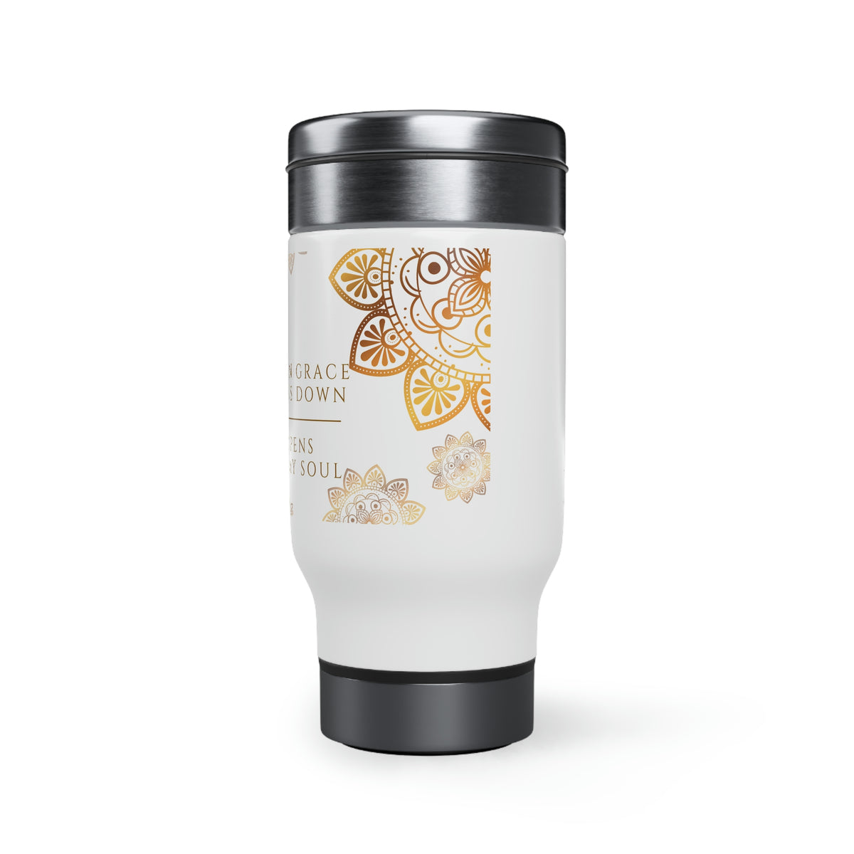 When Grace Rains - Mandala - Gold & White Stainless Steel Travel Mug with Handle, 14oz