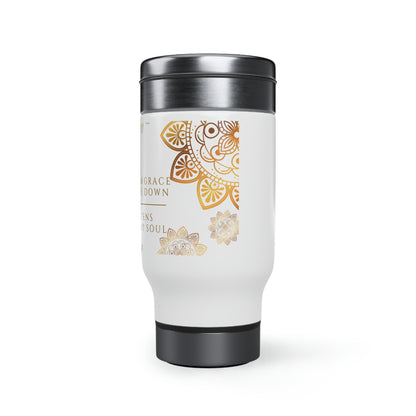 When Grace Rains - Mandala - Gold & White Stainless Steel Travel Mug with Handle, 14oz