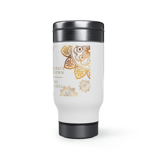 When Grace Rains - Mandala - Gold & White Stainless Steel Travel Mug with Handle, 14oz