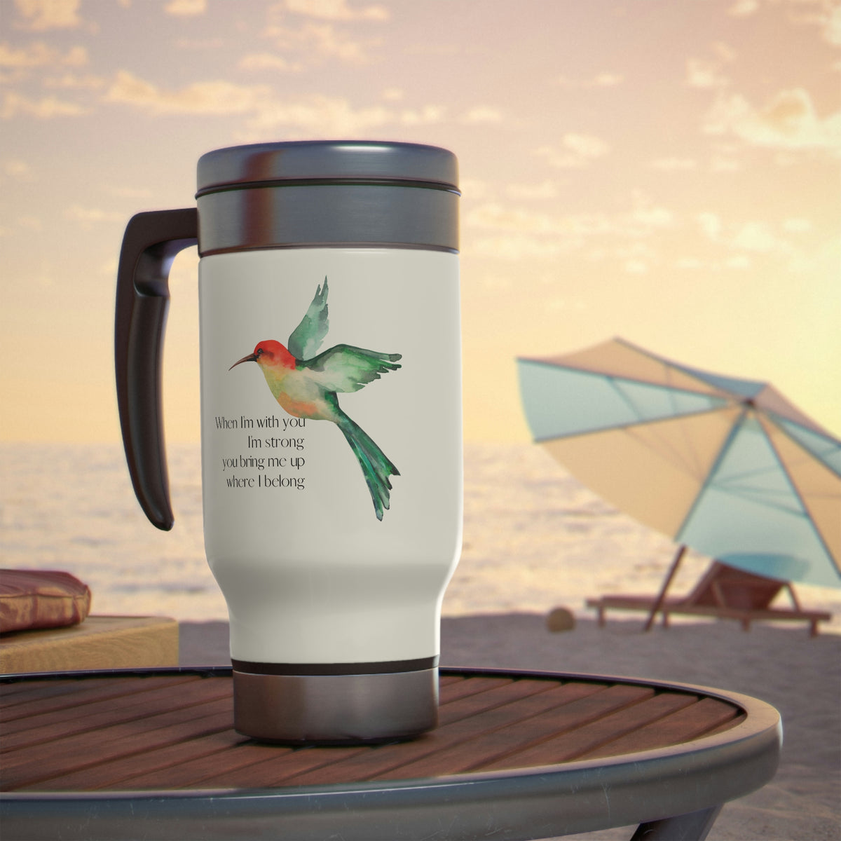 When I'm With You - Hummingbird - White Stainless Steel Travel Mug with Handle, 14oz