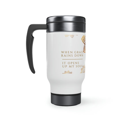 When Grace Rains - Mandala - Gold & White Stainless Steel Travel Mug with Handle, 14oz