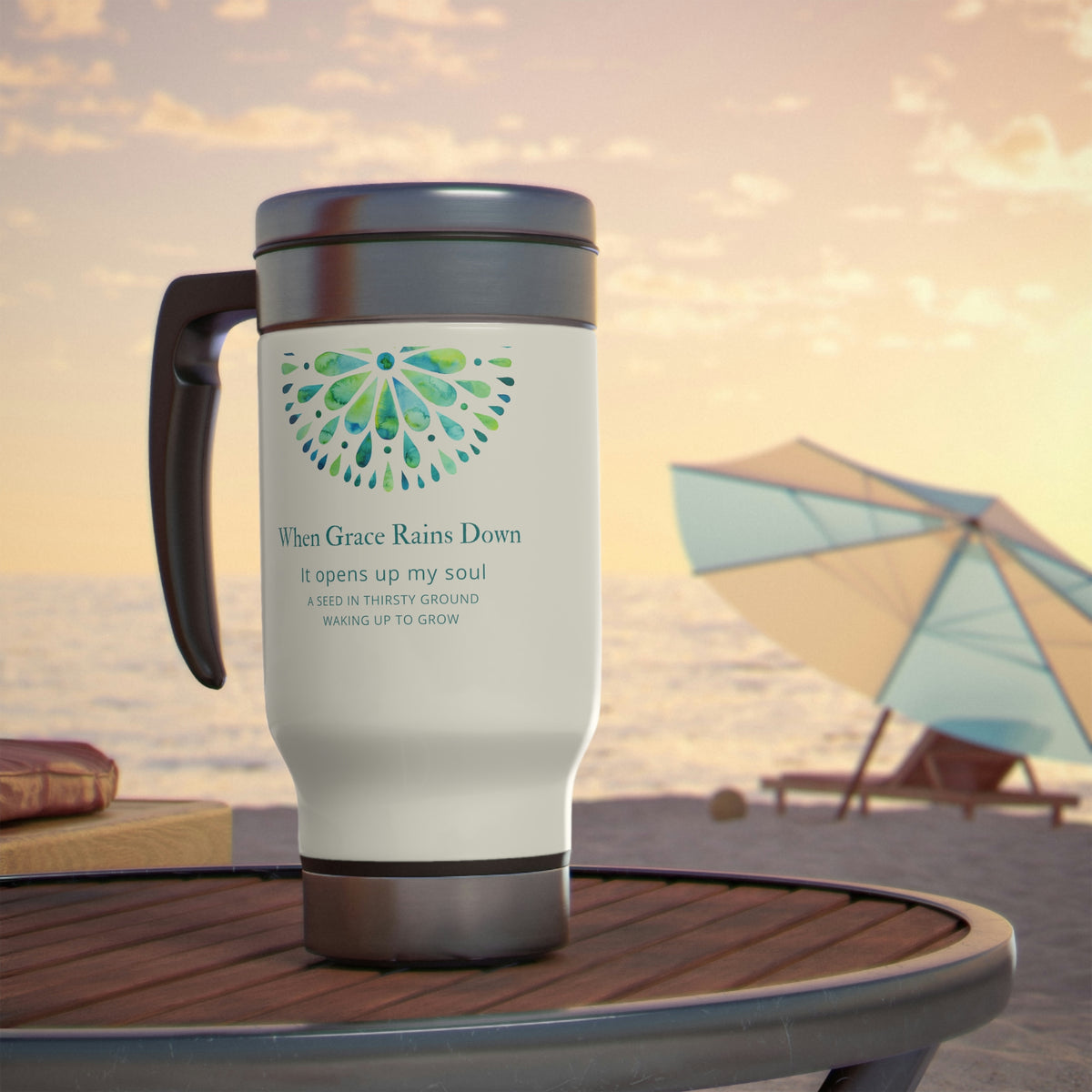 When Grace Rains - Blue Mandala - White Stainless Steel Travel Mug with Handle, 14oz