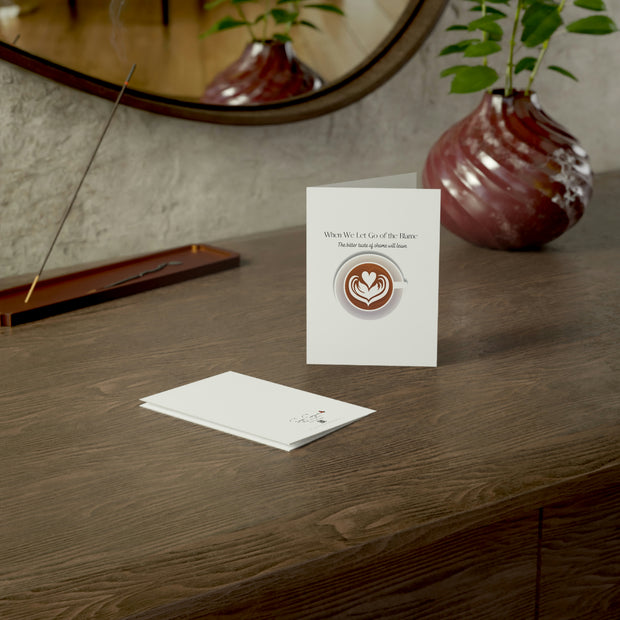 When we Let Go of the Blame - Coffee -White Vertical Folded Greeting Card