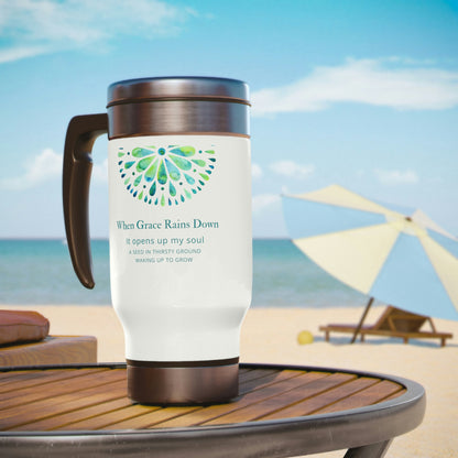 When Grace Rains - Blue Mandala - White Stainless Steel Travel Mug with Handle, 14oz