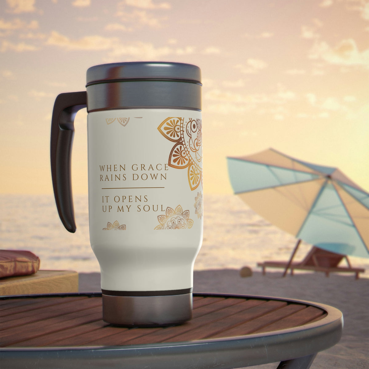 When Grace Rains - Mandala - Gold & White Stainless Steel Travel Mug with Handle, 14oz