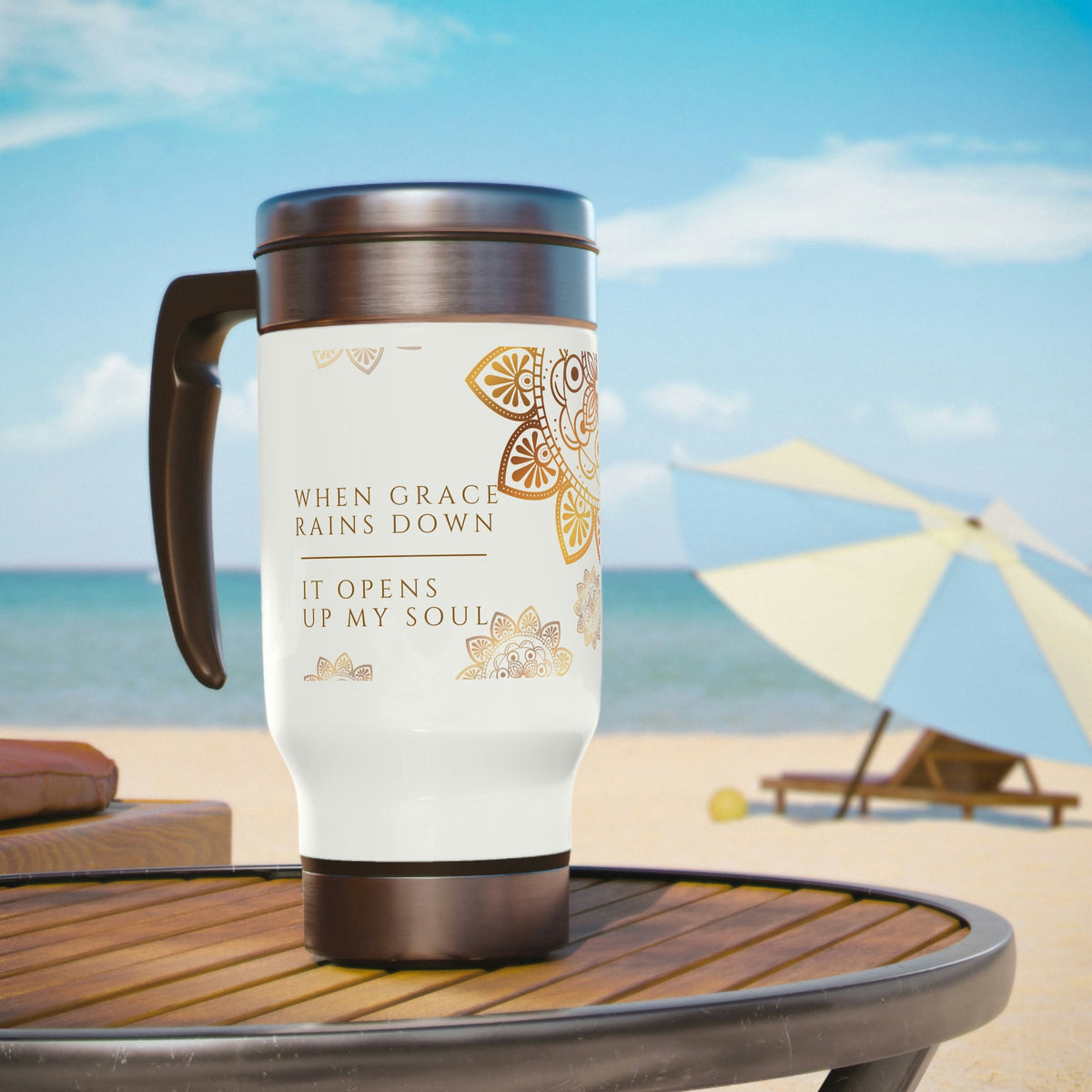 When Grace Rains - Mandala - Gold & White Stainless Steel Travel Mug with Handle, 14oz