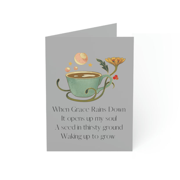 When Grace Rains - Coffee Cup Gray - Vertical Folded Greeting Card